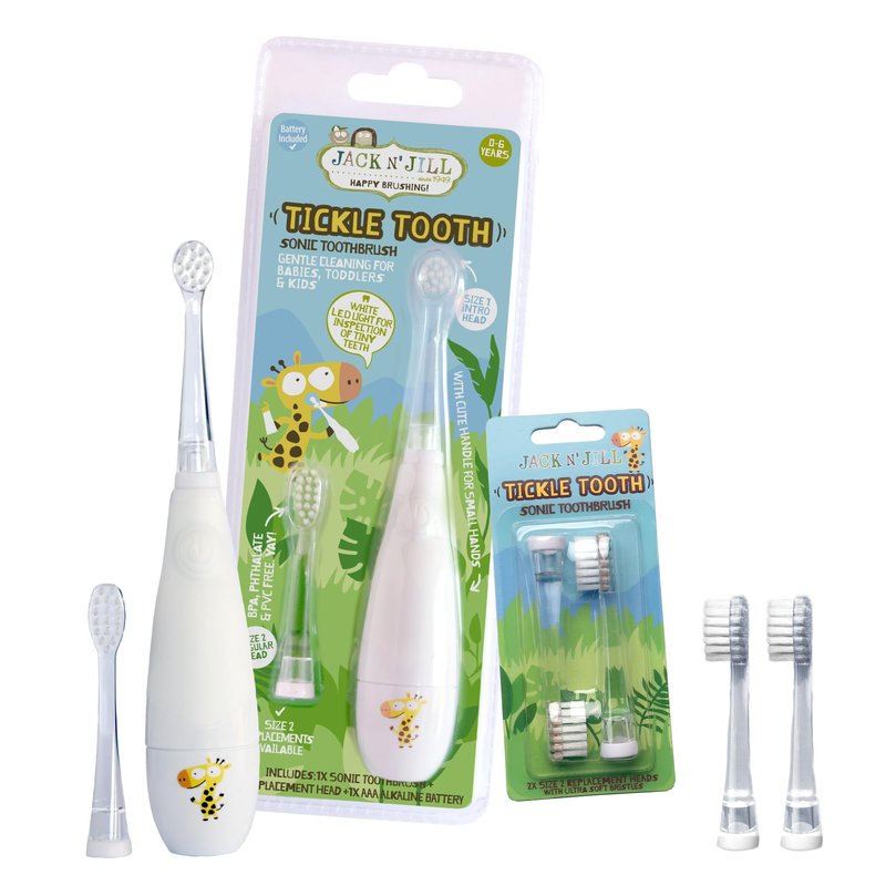 Jack N' Jill Tickle Tooth Sonic Toothbrush - Kids Electric Toothbrush, Gentle Teeth Cleaning, for Babies & Toddlers Ages 0-3, LED Inspection Light, Extra Soft Bristles - 1 Pack + Replacement Heads