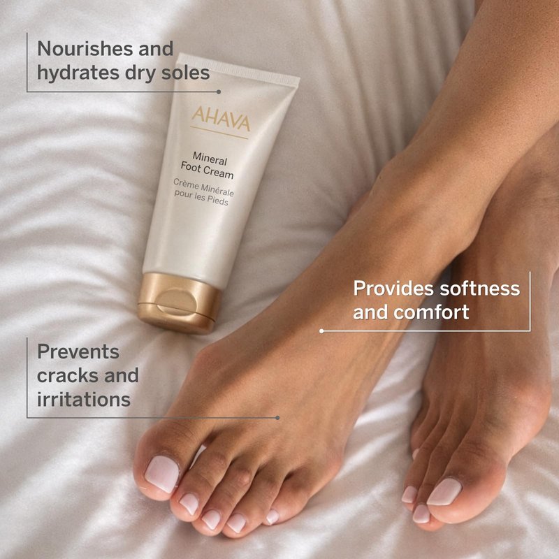 AHAVA Dead Sea Water Mineral Foot Cream - Nourishes & Hydrates Dry Soles, Prevents Cracks & Irritations, with Witch Hazel Leaf, Osmoter blend, Jojoba, Avocado, Sweet Almond & Wheat Germ Oil, 5.1 Fl.Oz