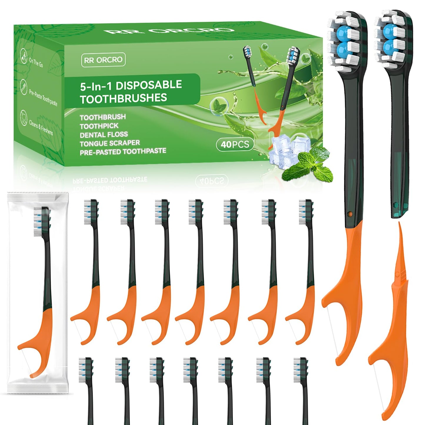 40Pack Disposable Toothbrushes with Toothpaste + Pick + Floss + Tongue Scraper 5-in-1 Mini Prepasted Travel Toothbrush for Hotel Camping Flight Car Single Use Portable Individually Wrapped | Mint
