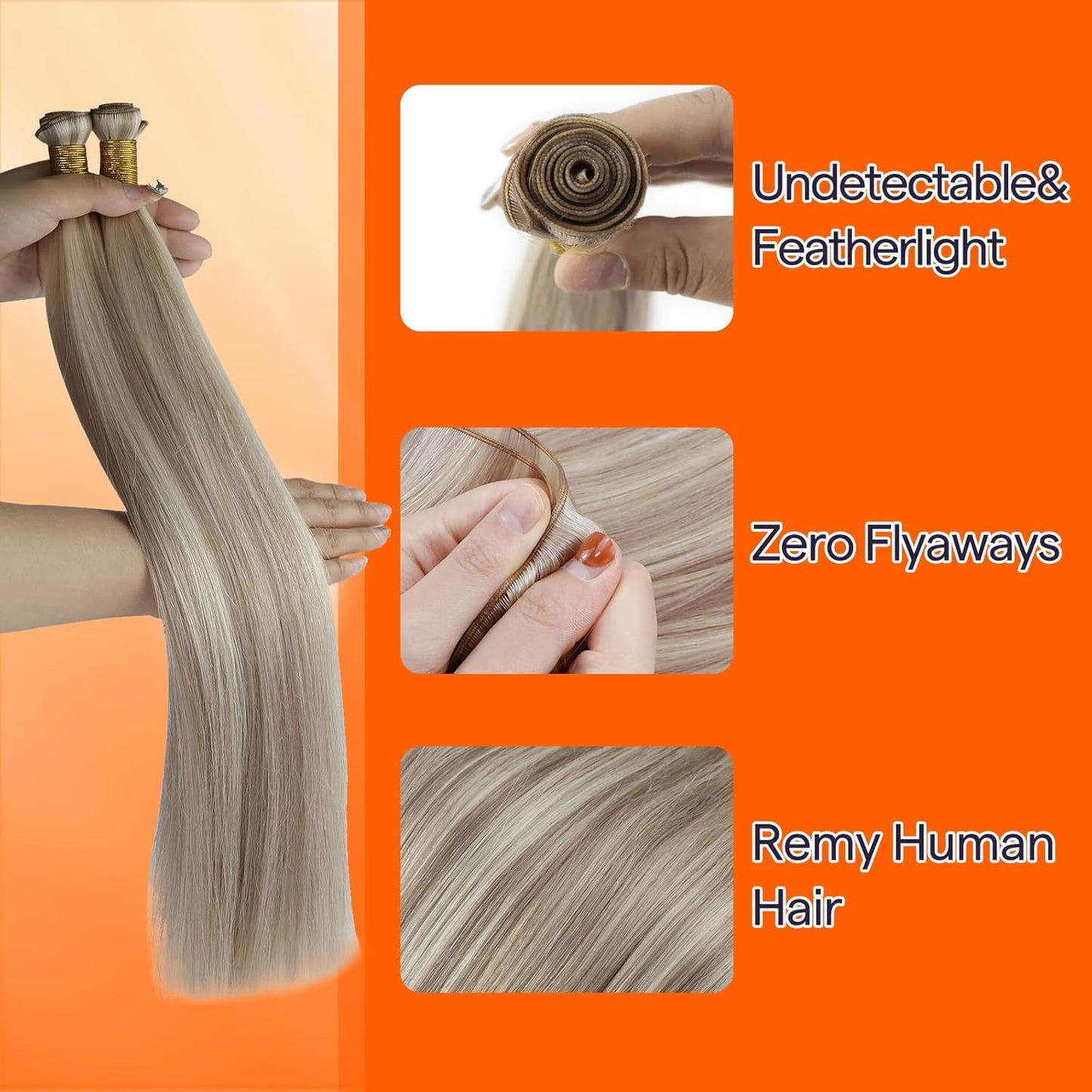 Full Shine Remy Hair Weft Extensions - Ash Blonde Highlight, 16 Inch, 50G Human Hair