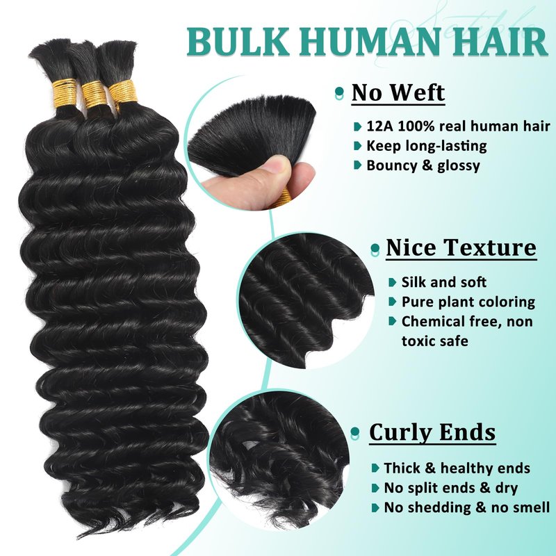 Human Braiding Hair for Boho Braids 16 Inch 120g Deep Wave Bulk Boho Human Hair for Braiding Curly Knotless Bohemian Braids 12A 100% Brazilian Virgin No Weft Extensions 3 Bundles/Pack Natural Black 1B