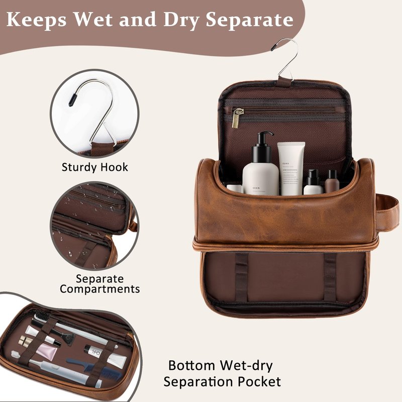 Aganmi Engraved Initial Travel Toiletry Bag 21st 30th 40th 50th 60th 70th 75th 80th Birthday Gifts for Men Him, PU Leather Shaving Bag Gift for Dad Husband Boyfriend Brother Grandpa, Light Brown D