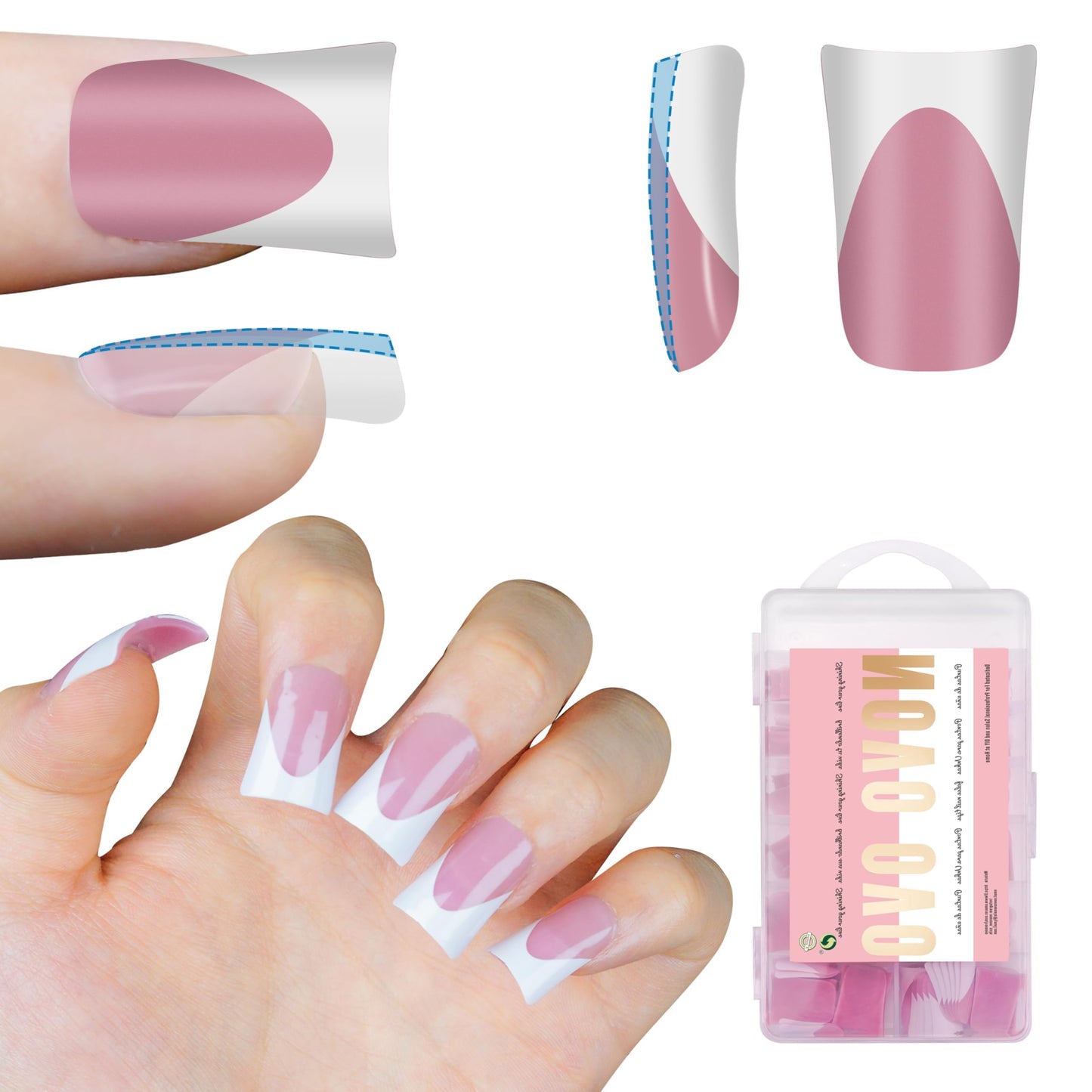 NOVO OVO French Tip Short Duck Nail Tips Press on, Pre-designed Soft Gel Nail Extension, BERRY PINK Pre-applied Tip Primer & Base Coat, Full Cover Matte Vrial False Nails for DIY x 12 Sizes 240 pcs