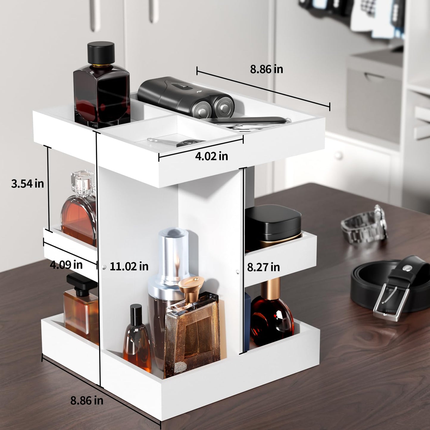 Cologne Organizer for Men - 3-Tier Large Capacity Wood 360° Rotating Cologne Stand,Desk/Nightstand/Bathroom Counter Perfume Storage,Birthday for Men (White)