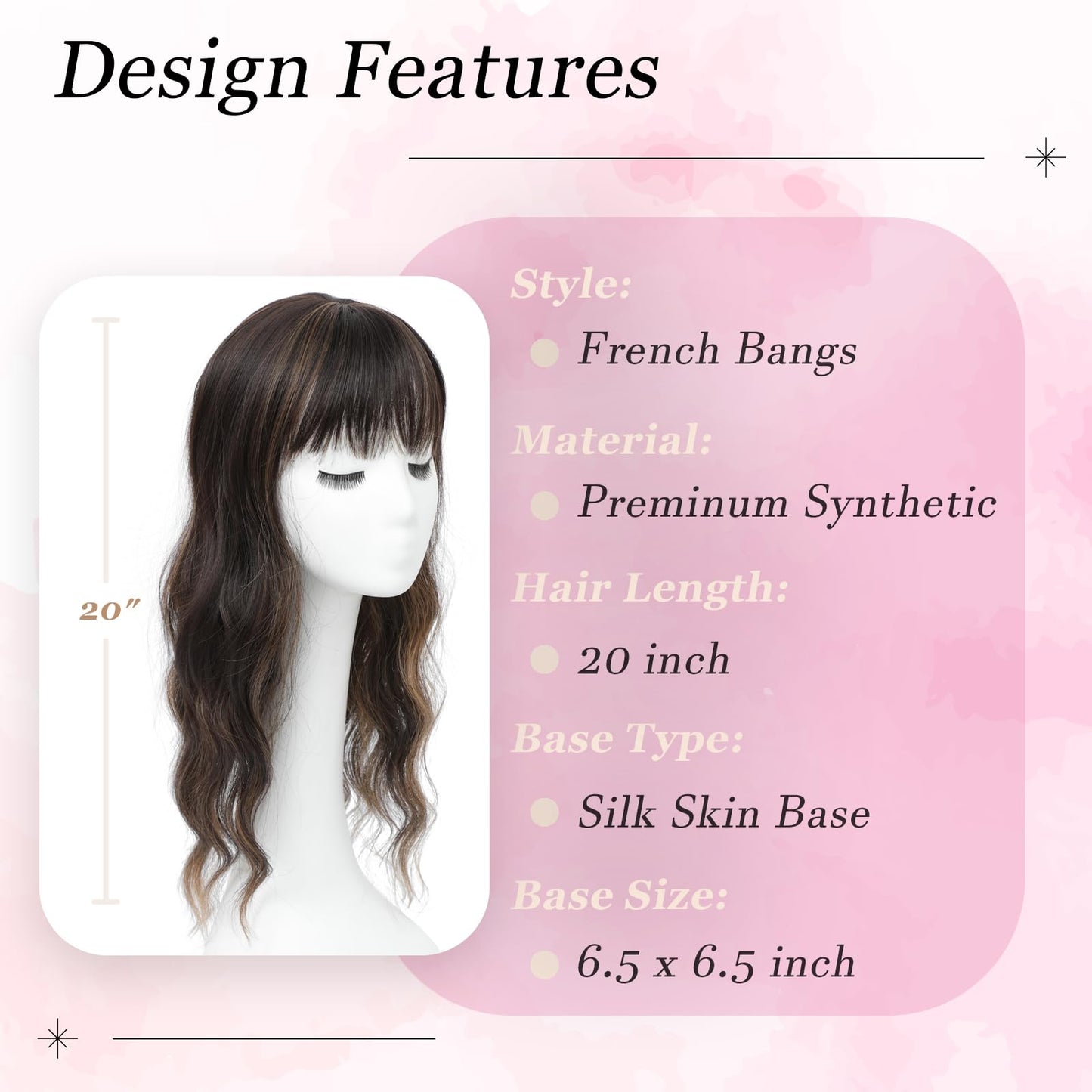Hair Topper, 360° 3D Hair Toppers for Women with Thinning Crown, 20 Inch Long Wavy Curly Hair Pieces Clip in Bangs (Dark Brown Mixed Chestnut, 20 inch, French Bangs)