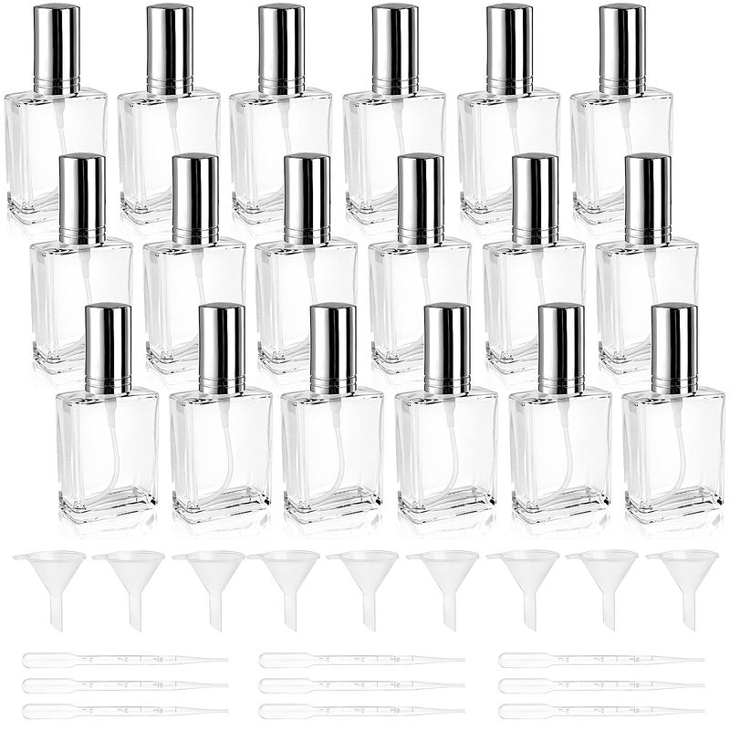 Seuqhck 20 Pack Clear Glass Perfume Bottle, 15ml Fine Mist Atomizer Spray Bottles, Empty Small Refill Fragrance Bottles with Droppers and Funnels for Travel Cleaning Face Body Essential Oil, Liquid