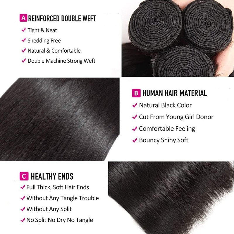 Straight Human Hair Bundles 14 14 inch 2 Bundles Human Hair 100% Unprocessed Brazilian virgin 12a Hair Natural Black Color 200G Per Pack