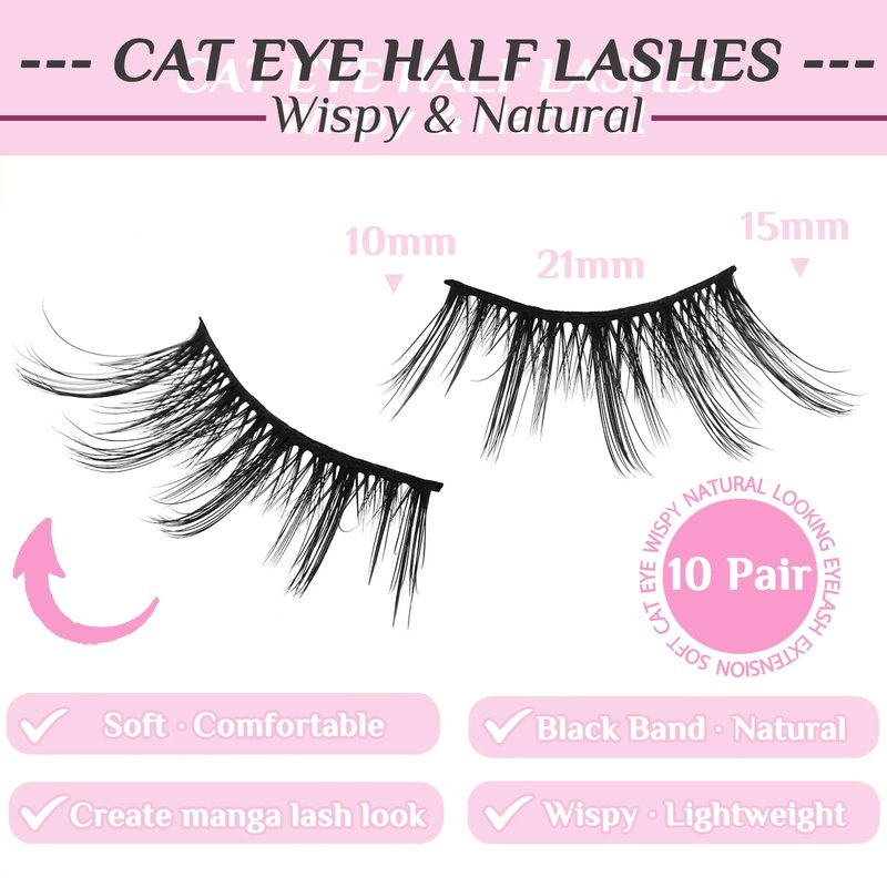 SLSXNL Half Lashes Natural Look Cat Eye Wispy Manga Lashes 10 Pairs Half False Eyelashes