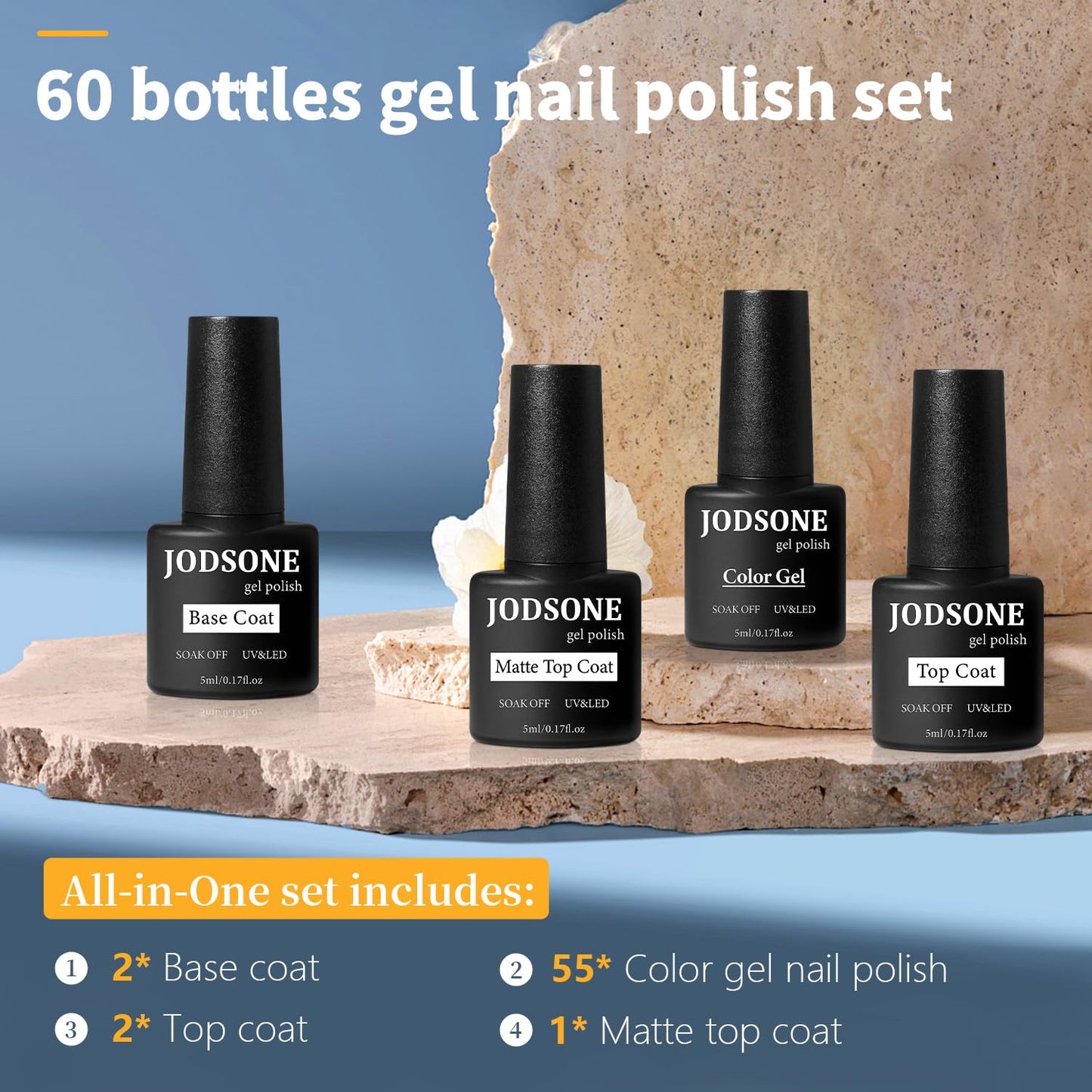 JODSONE Gel Nail Set 20+3 Colors High Shine Gorgeous Gel Polish Base Top Matte Coat Nice Gifts Show Charm