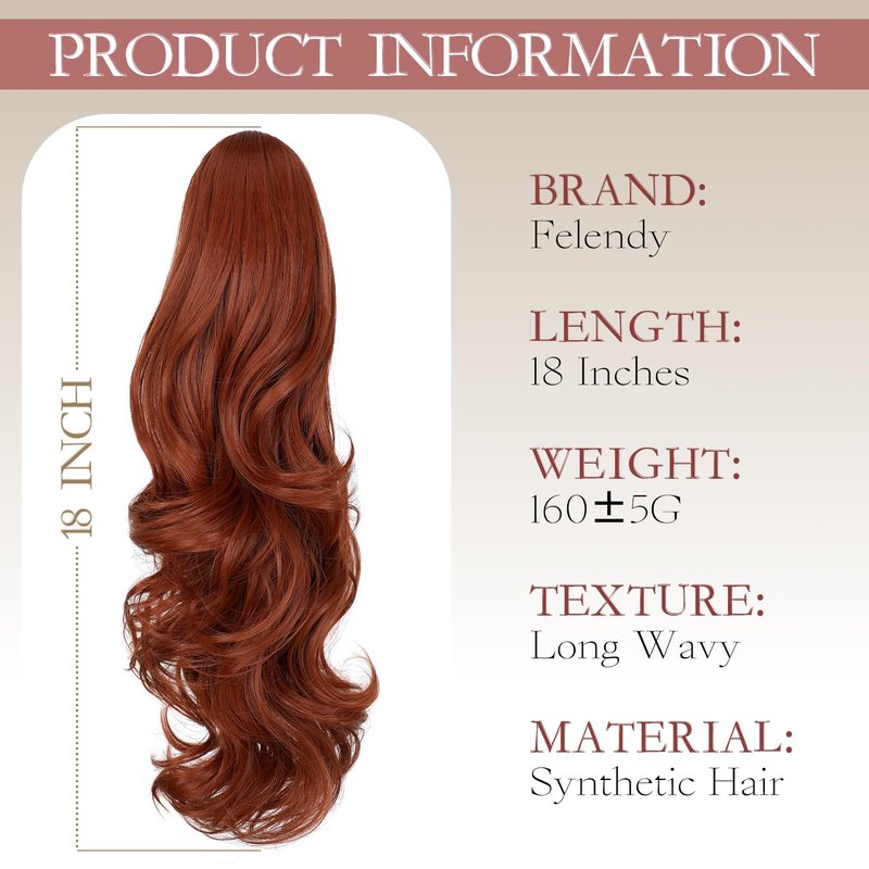 FELENDY Ponytail Extension Claw 18" Copper Red Curly Wavy Clip in Hairpiece One Piece A Jaw Long Pony Tails for Women