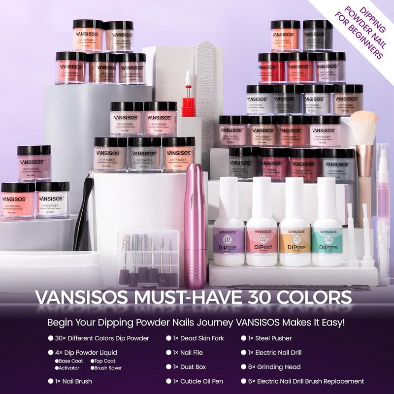 Dip Powder Nail Kit with Everything: 30 Colors Nail Dip Powder Set with Top & Base Coat Activator Brush Saver with Nail Drill for DIY At Home Salon