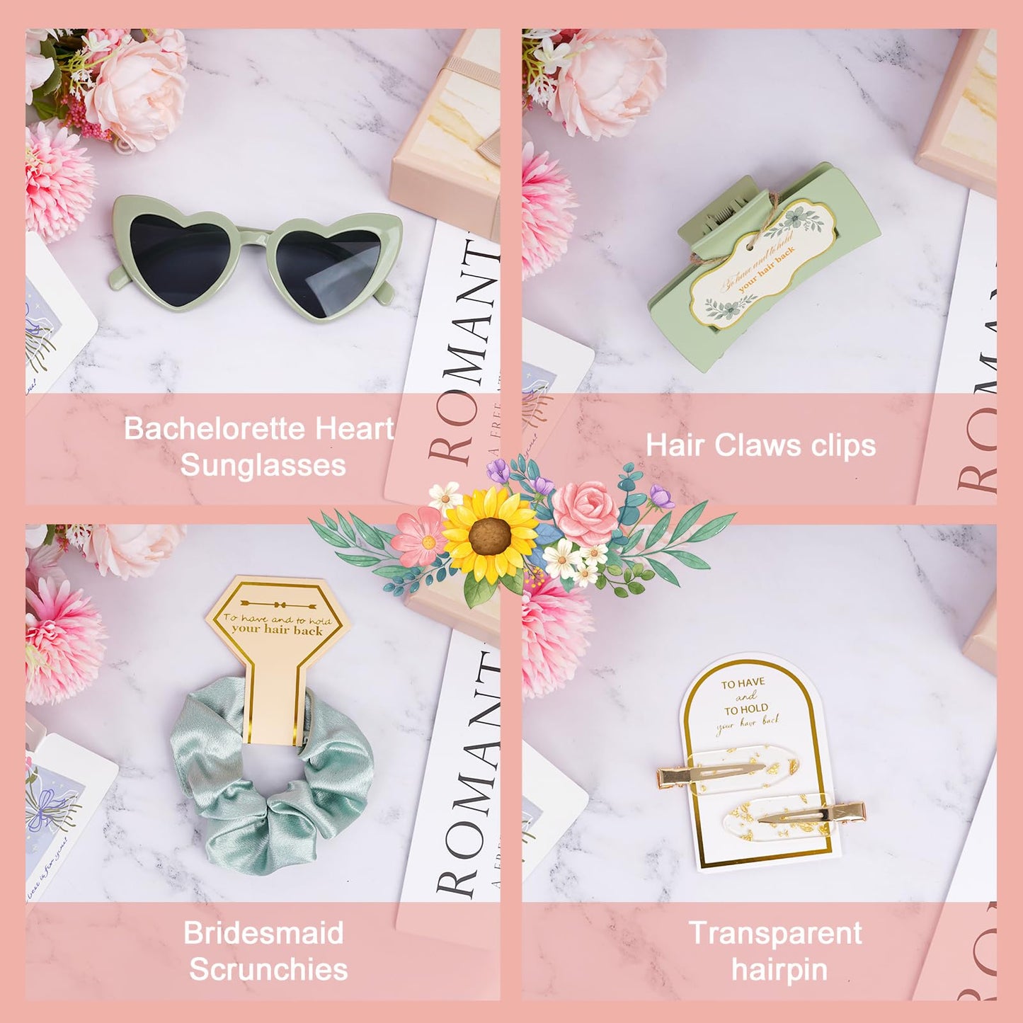 Sage Green Bridesmaid Gifts for Proposal, 12PCS Girls Gift Set with Hair Claws, Scrunchies, Makeup Clips & Heart Sunglasses, Wedding Bachelorette Party Favors, Birthday Gifts for Women Teens