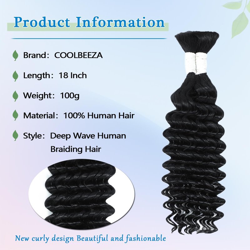 Coolbeeza Human Braiding Hair for Boho Braids 18Inch Boho Hair for Braiding Deep Water Wave 12A Brazilian Virgin Curly Hair for Boho Braids Wet and Wavy No Weft 2 Bundles 100g Hair Extensions