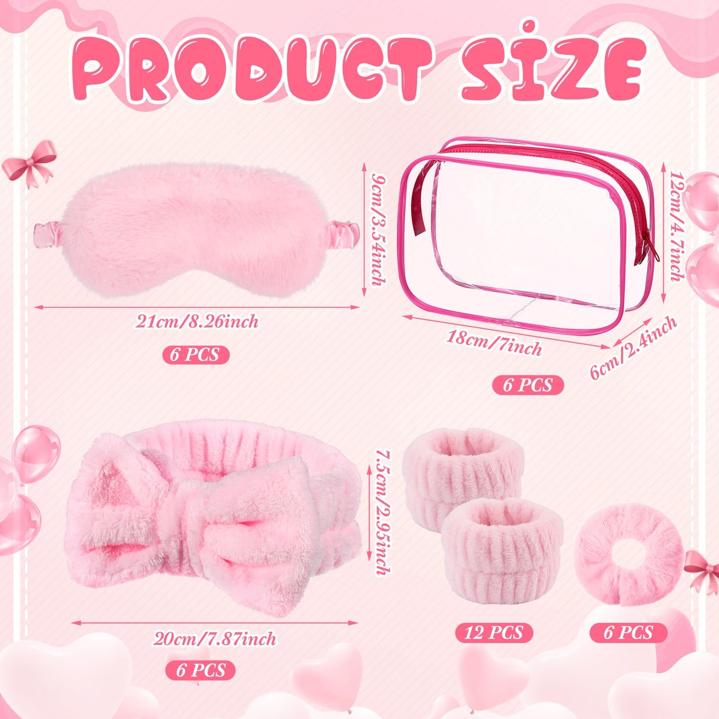 Hoteam 30 Pcs Sleepover Party Supplies for Women Slumber Spa Party Supplies 6 Pink Spa Headband 6 Pink Plush Sleep Eye Mask 6 Velvet Scrunchies 6 Wristband 6 Clear Cosmetic Bags