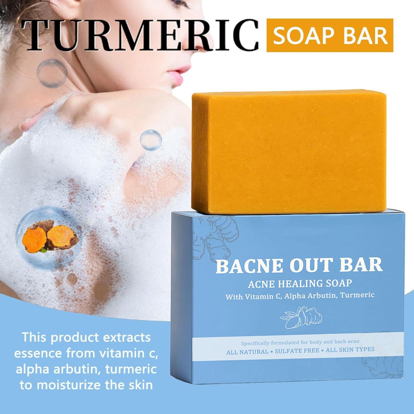 PARWENE Bacne Out Bar, Acne Healing Soap with Turmeric Vitamin C & Alphaarbutin, Natural Exfoliating Cleanser for Back, Face, Chest, Shoulders (1)