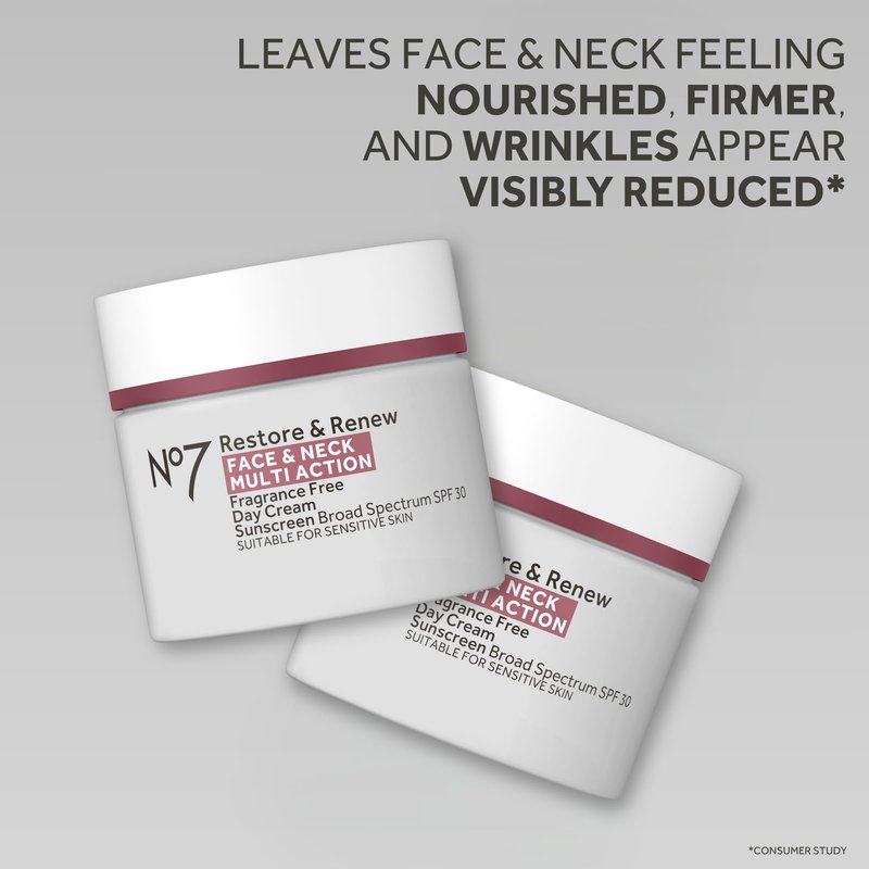 No7 Restore & Renew Multi Action Face & Neck SPF 30 Day Cream - Firming & Hydrating Face Moisturizer with Hyaluronic Acid to Help Reduce the Appearance of Wrinkles - Fragrance-Free (1.69 Fl Oz)