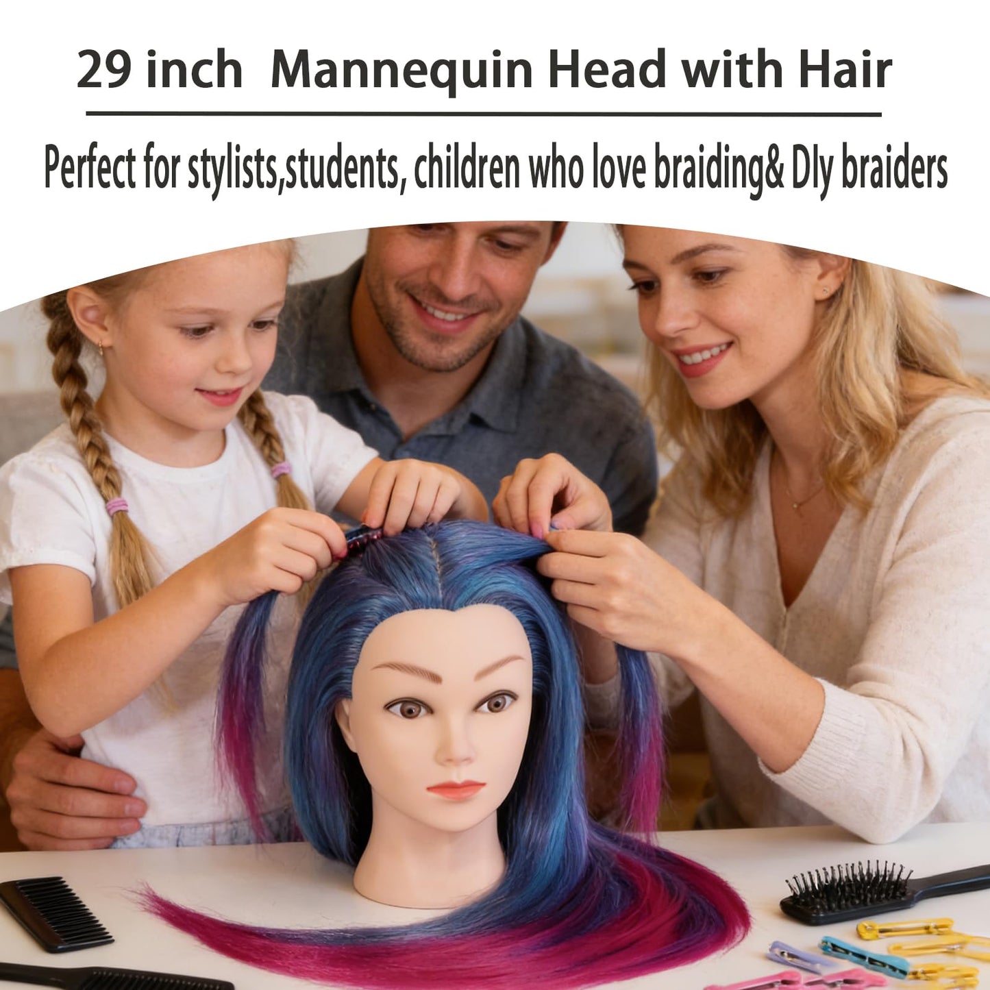 Mannequin Head with Hair, TopDirect 29" 100% Synthetic Fiber Training Head Manikin Cosmetology Hair Doll Head Styling Hairdressing Training Braiding Practice Heads with Clamp Holder and Tools