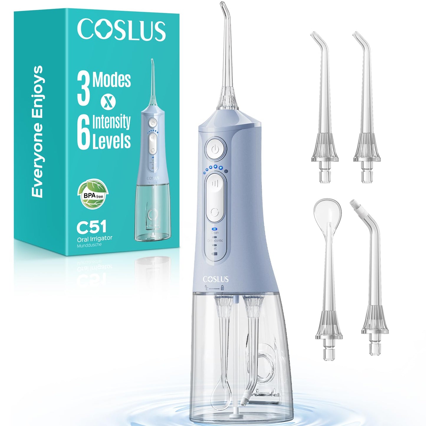 COSLUS C51 Portable Water Flosser for Teeth: 3 Modes & 6 Pressure Settings with Jet Mode Water Dental Pick for Orthodontic, Braces, Sensitive Gums, Compact for Travel, for Multiple Users, ADA Accepted