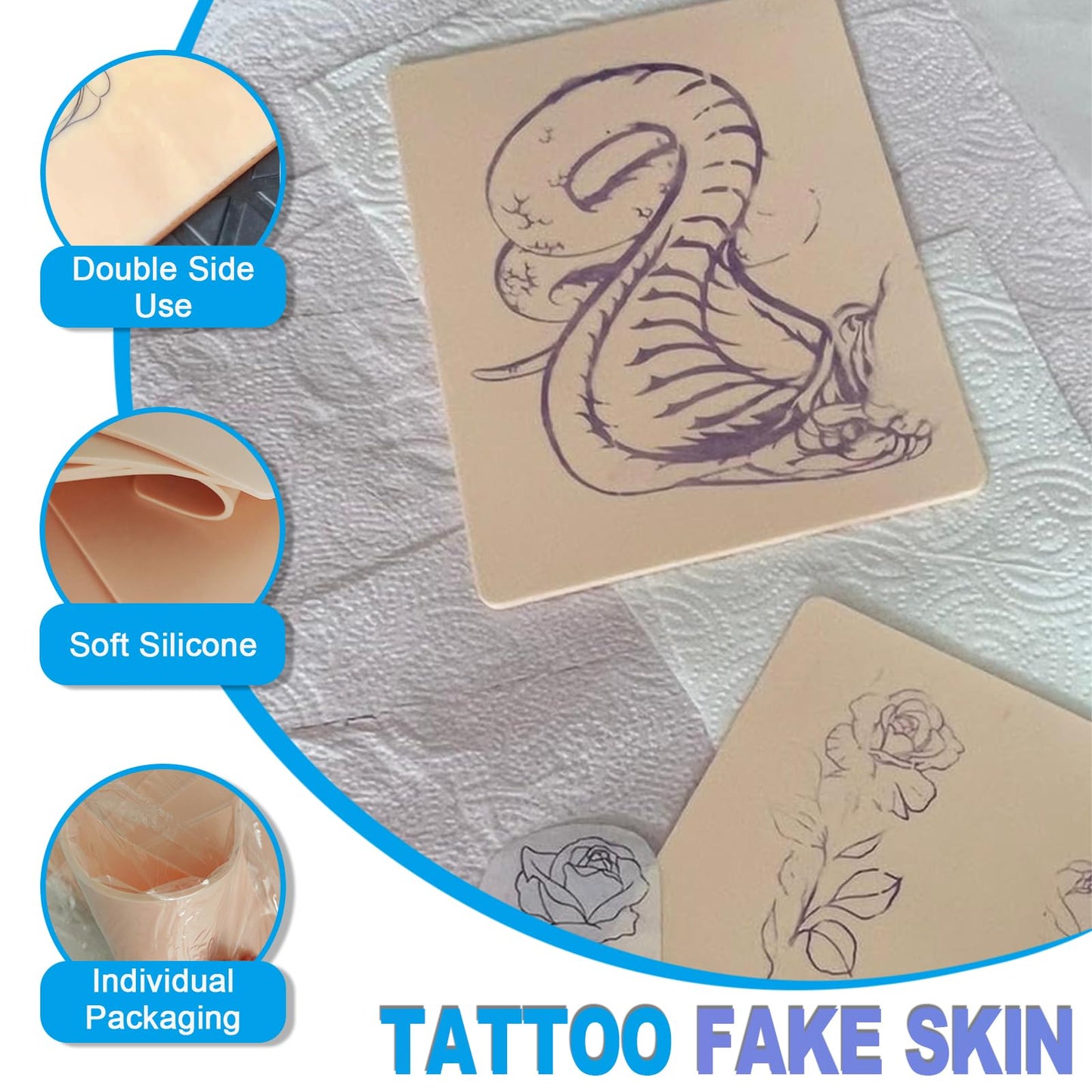 Emalla 3MM Fake Tattoo Skin - 20Pcs Premium Silicone Skin Practice Kit 7.48"x5.6" Double Sides Fake Skin Practice for Beginners and Artists Tattoo Supplies