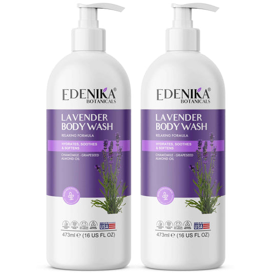Edenika Lavender Body Wash with Vitamin E, Cleanses, Relaxes & Moisturizes, Stress Relief Shower Gel for Dry and Sensitive Skin, Women & Men, Organic & Natural, 16 fl oz, 2-Pack