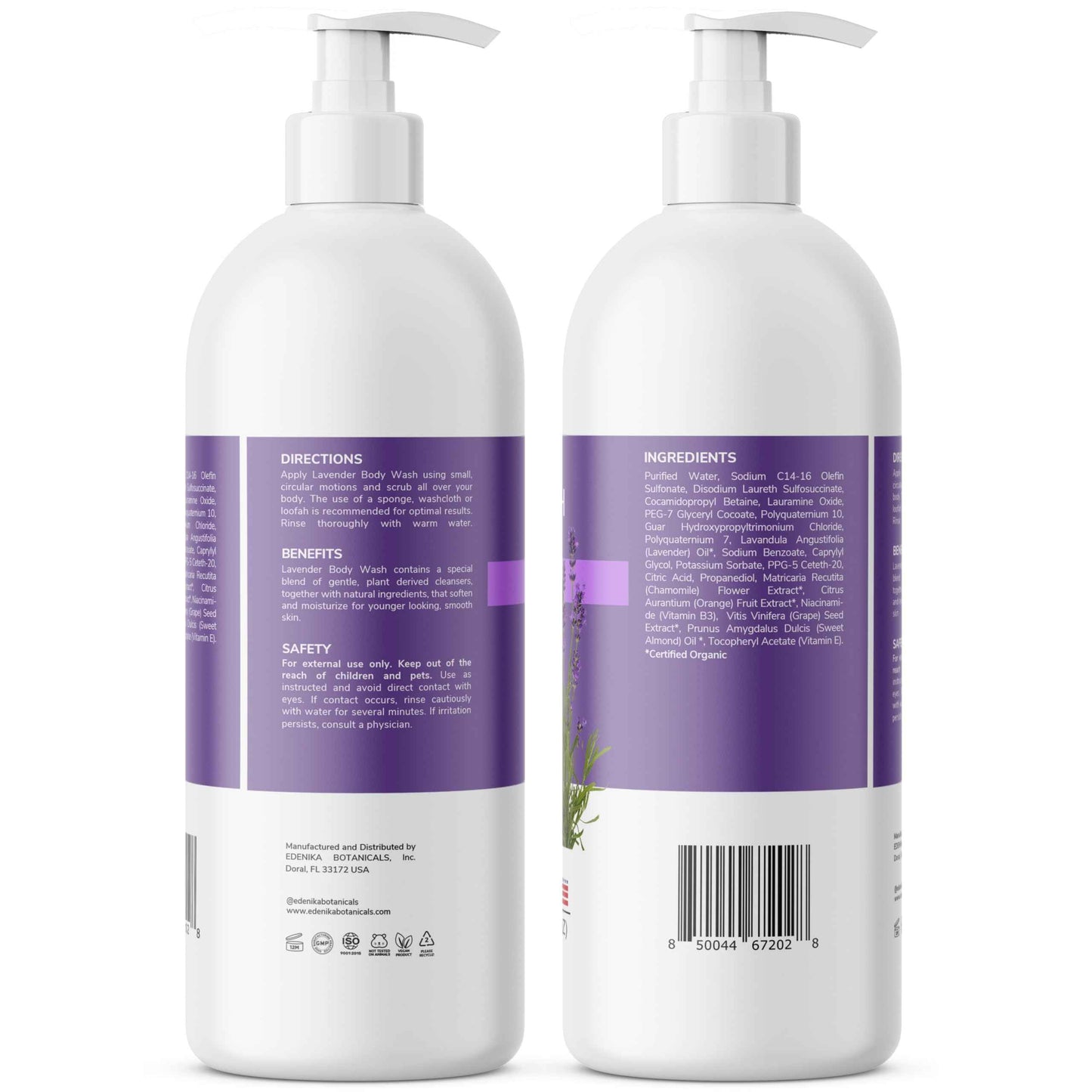 Edenika Lavender Body Wash with Vitamin E, Cleanses, Relaxes & Moisturizes, Stress Relief Shower Gel for Dry and Sensitive Skin, Women & Men, Organic & Natural, 16 fl oz, 2-Pack