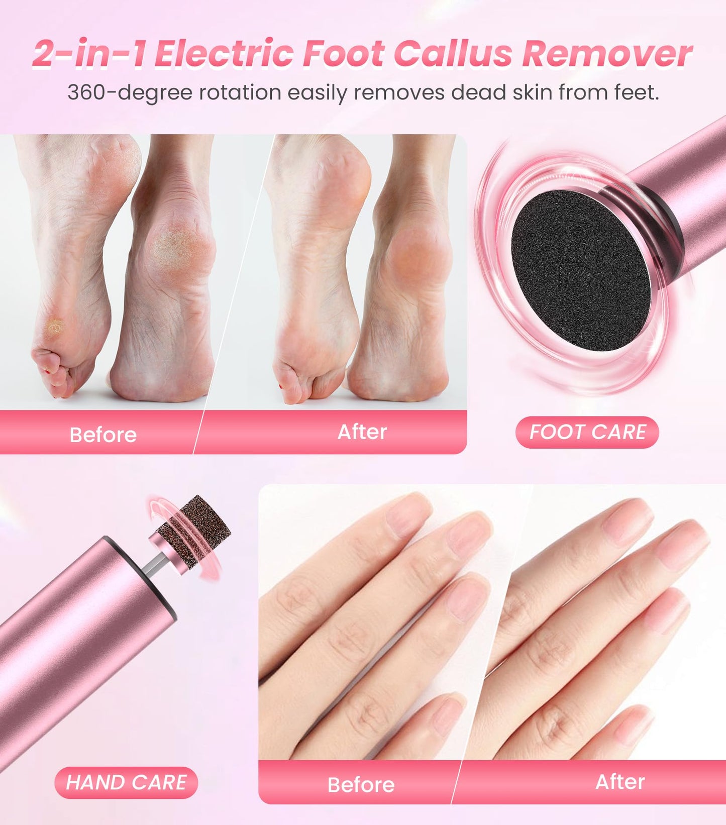 JOMLEY Electric Foot Callus Remover, 6 Speeds 2-in-1 Rechargeable Electric Foot File & Nail Grinder, Callus Remover for Feet Pedicure Tools with Sandpaper Disc for Dead Skin - Pink