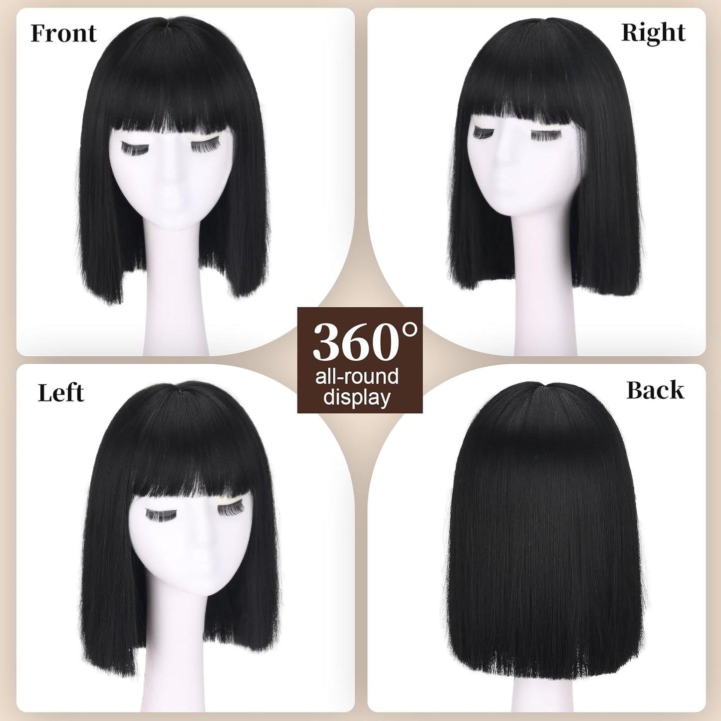 Short Black Straight Wig with Bangs - Heat Resistant Synthetic Hair | 12-Inch Bob for Women