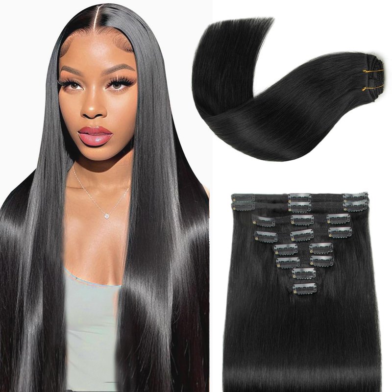 Jet Black Clip in Hair Extensions Real Human Hair 14inch Human Hair Clip in Extensions Black Human Hair Extensions Clip ins 100% Brazilian Remy Human Hair for Women Straight 8pcs Double Weft