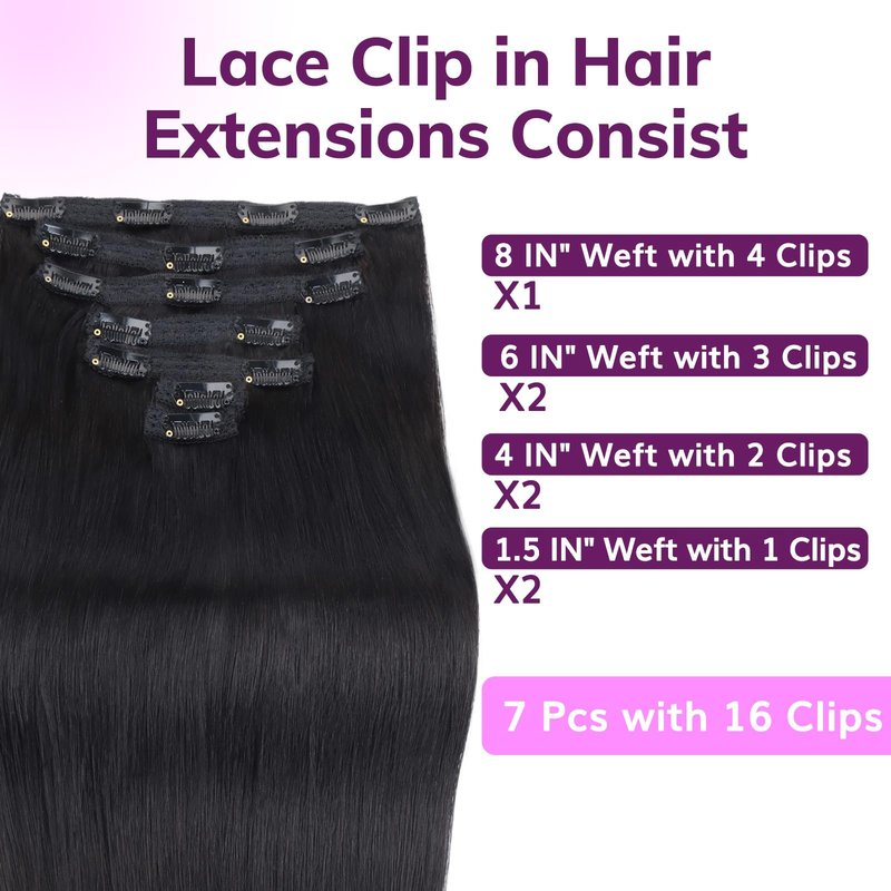 IDN BEAUTY Clip in Hair Extensions Real Human Hair Straight 120g Natural Black Double-layer Lace Clip In for Black Women Soft Breathable Lace Invisible Seamlessly Blending 7pcs 16 Inch