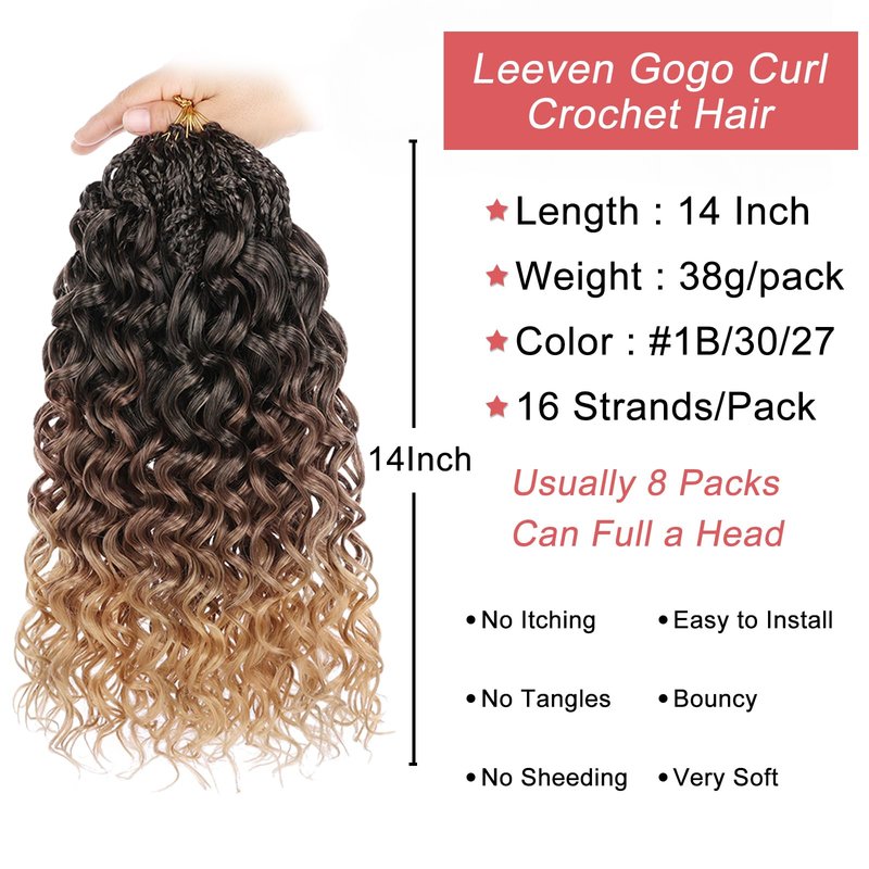 Leeven Gogo Curl Crochet Hair 14 Inch 8 Packs Ombre Brown to Honey Blonde Ocean Wave Crochet Hair Pre Looped Deep Twist Goddess Box Braids Short Curly Water Wave Synthetic Hair for Women Girl Kids