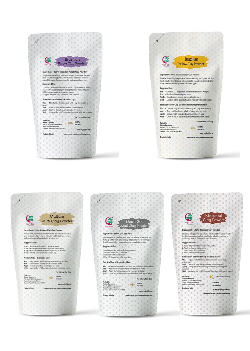 Pack of 5 Cosmetic Clay Powders | Clays for Soap Making and Mask Making | Multani Mitti, Rhassoul, Dead Sea Mud, Yellow & Purple Clay Powders | 8oz Each | Best Colorful Clays for DIY | Yogi’s Gift®