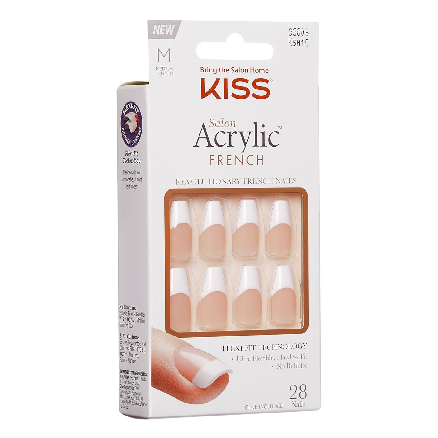 KISS Salon Acrylic French Nail Manicure Set, Medium Length, Square, “Je T'aime”, Nail Kit Includes Pink Gel Nail Glue (Net Wt. 2 g / 0.07oz.), Mini File, Manicure Stick, and 28 Fake Nails
