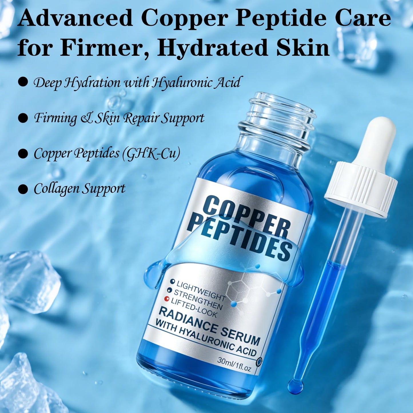 GHK-Cu Copper Peptide Facial Serum with Hyaluronic Acid, Lightweight Deep Hydration Face Serum, Smooth & Plumping Feel