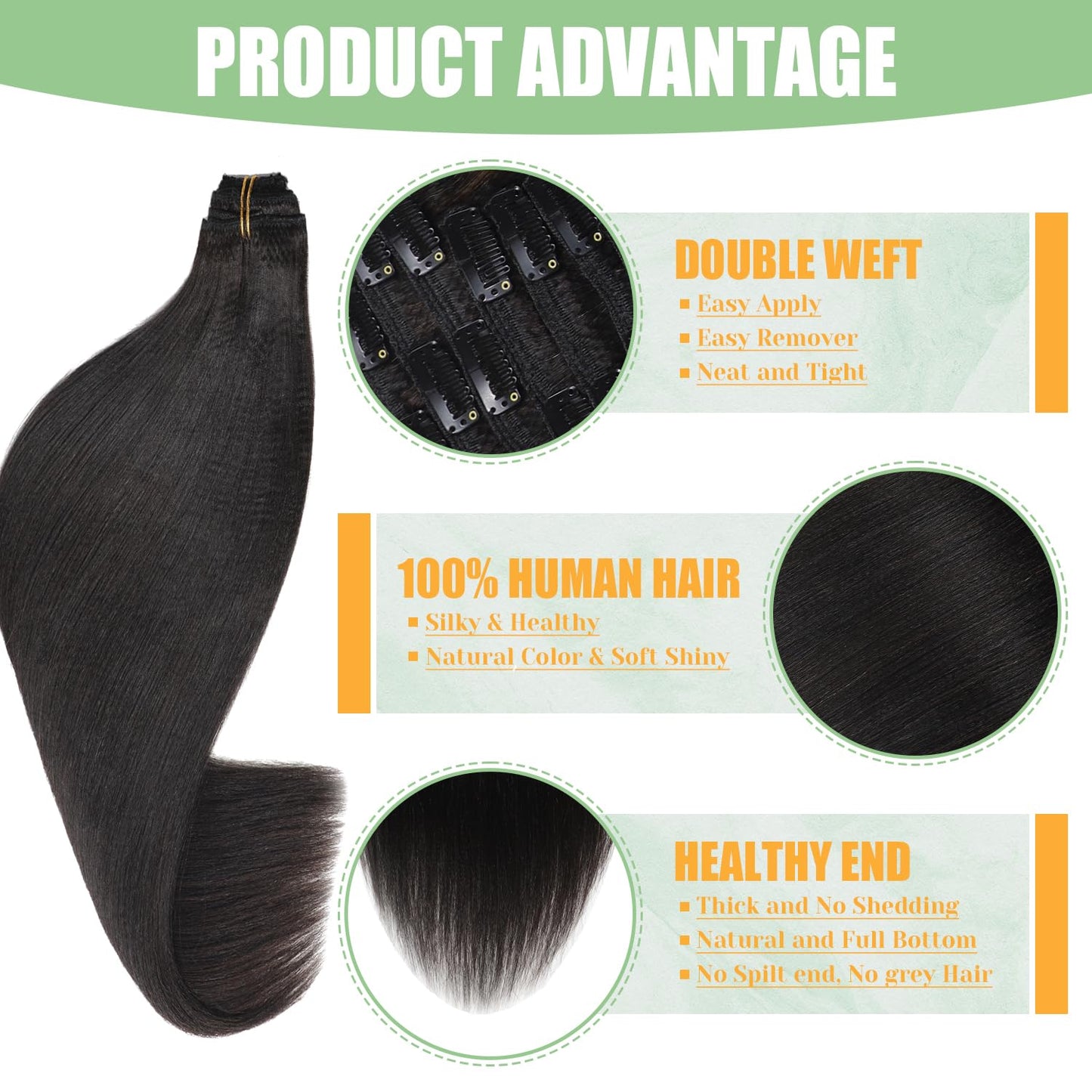 Loxxy Light Yaki Straight Human Hair Clip ins Hair Extensions Full Head Natural Black Hair Extensions for Black Women Relaxed Hair 120g/set 7pcs 16 inch