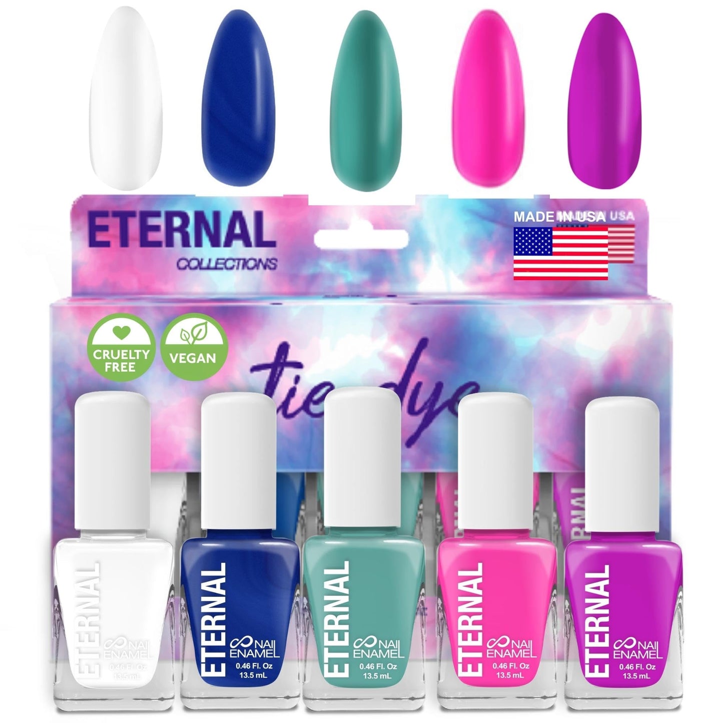 Eternal Nail Polish Set 5 Piece Kit: Long Lasting, Quick Dry and Cruelty Free. Made in USA - 0.46 Fluid Ounces Each (Tie Dye)
