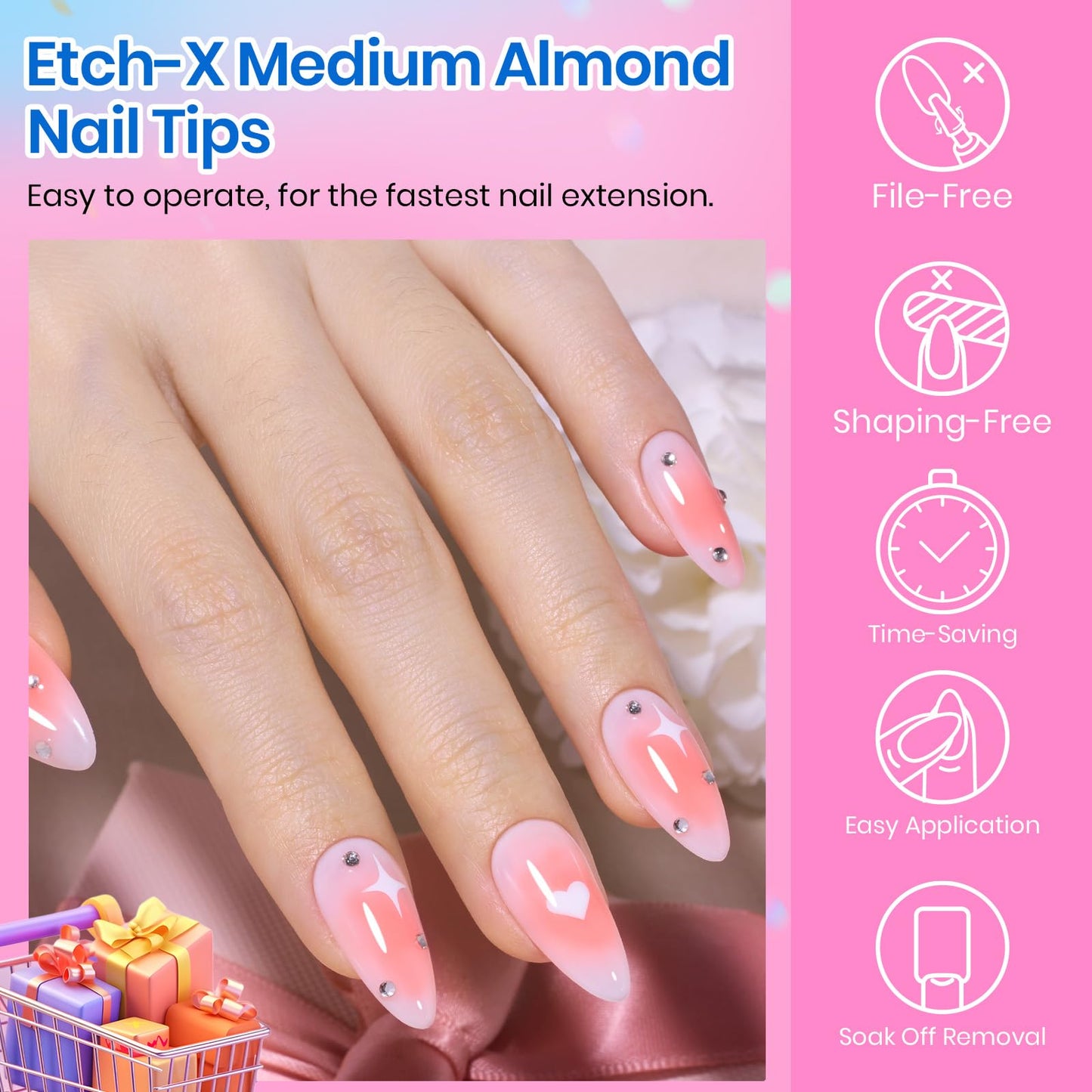 Beetles Medium Almond Nail Tips 576pcs 12 Sizes, Pre-Etched Soft Gel Tips Half Matte Full Cover Press on False Nail Tips Clear Acrylic Nails DIY Extension Gift for Women