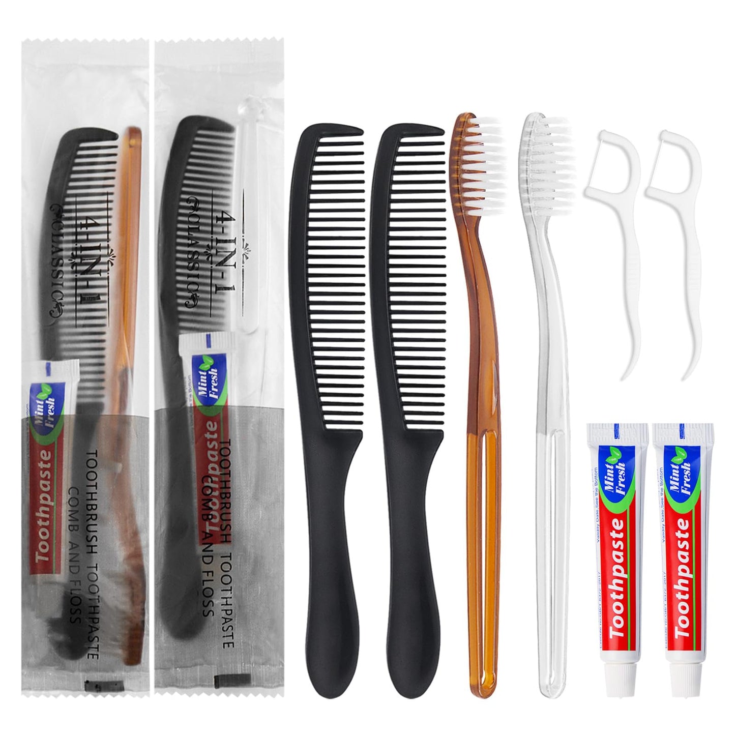 Gisdo 100pcs Disposable Toothbrushes with Toothpaste and Comb Floss Individually Wrapped,4-in-1 Bulk Toothbrush Kit with 2 Color Toothbrush,10 gram Toothpaste,7 inch Comb,Floss Pick for Homeless,Hotel