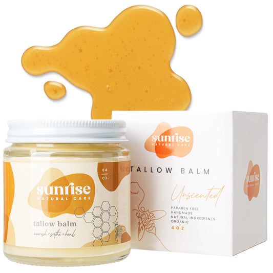 Sunrise Natural Care Unwhipped Honey and Tallow Balm - Body and Face Moisturizer - 100% Grass Fed Beef Tallow - 4 Ounces - Unscented (no essential oils)