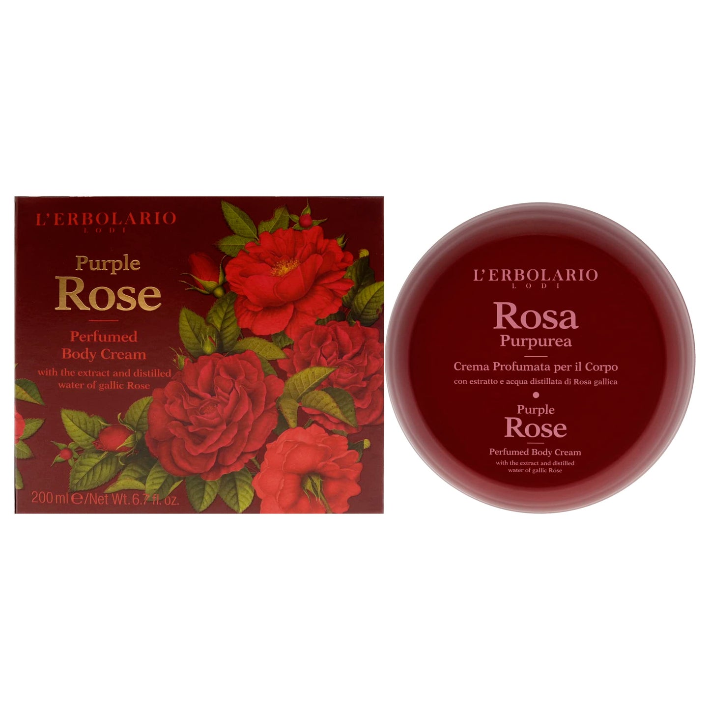 L'Erbolario Perfumed Body Cream – Moisturizing Body Butter for Dry Skin – Invigorating and Softening Skin Care with Gallic Rose – Purple Rose - 6.7 oz