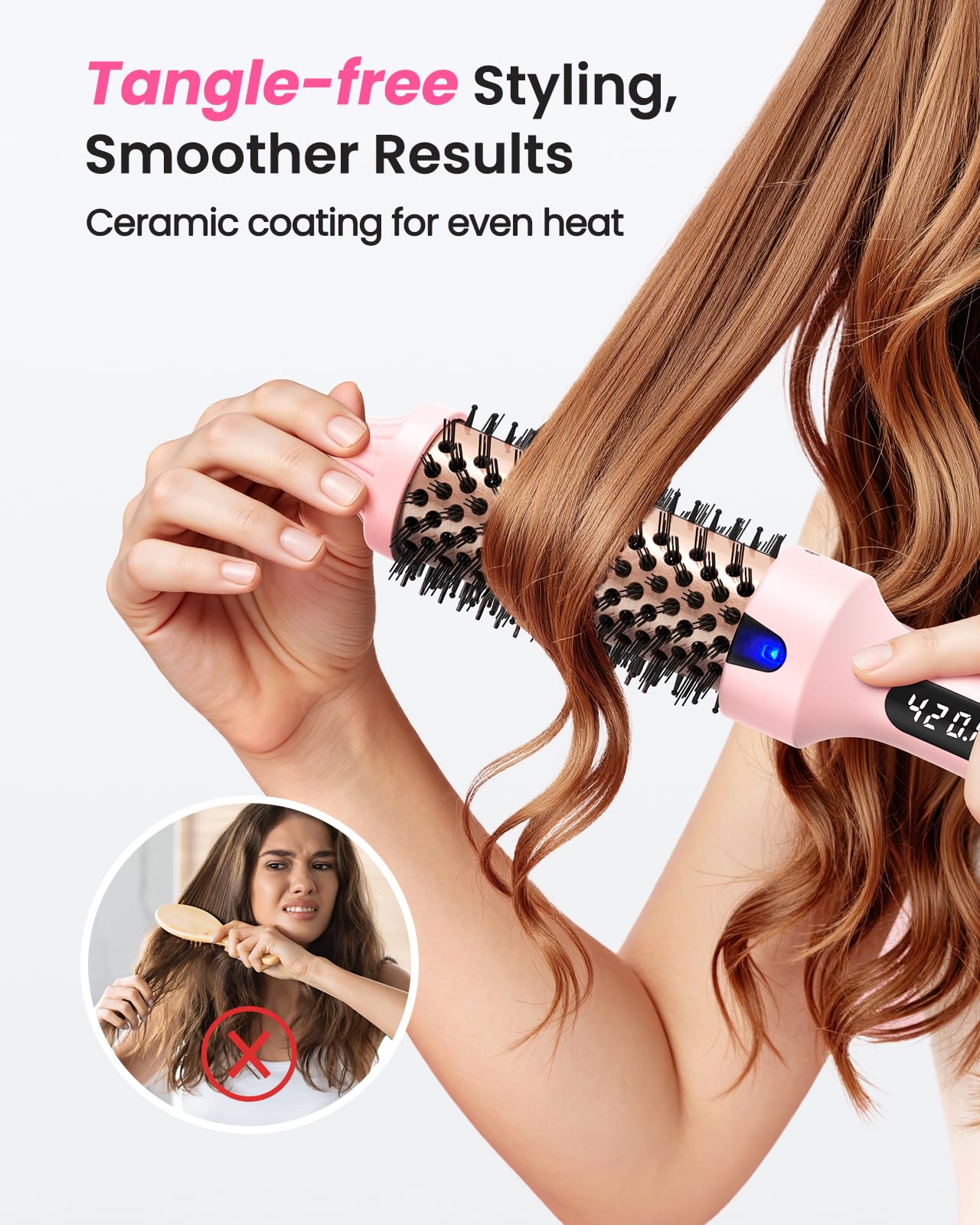 Thermal Brush for Blowout – 1.5 Inch Heated Round Brush with Negative Ions, Dual Voltage, Dual PTC, 6 Heat Settings, Salon Smooth Hair, Less Frizz, Travel-Friendly, Pink
