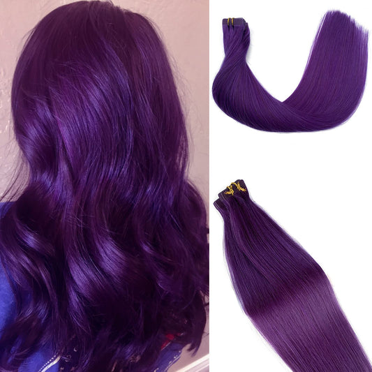 Purple Hair Extensions Tape in Human Hair Extensions 18Inch Soft Silky Straight Purple Remy Hair Extensions 40grams 20pcs Seamless Colored Extensions Tape ins