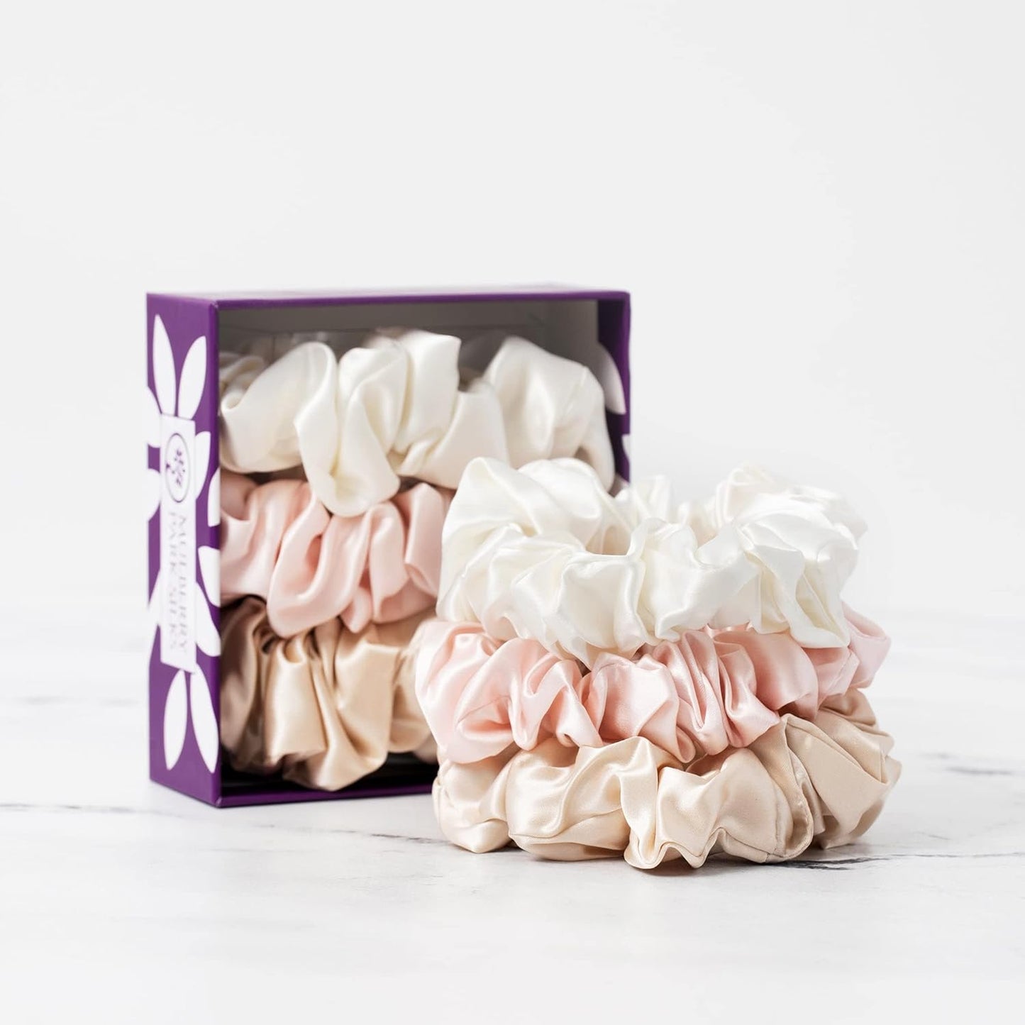 100% Pure Silk Scrunchies - 3 Pack for Frizz Control & Hair Protection | Large (Ivory/Pink/Sand)