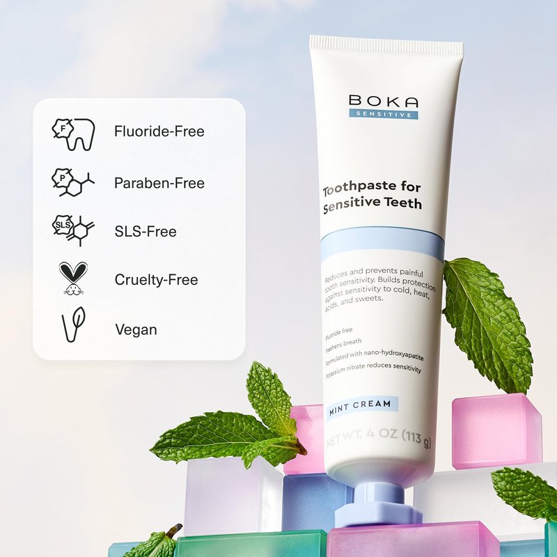 Boka Sensitive Toothpaste - Fluoride Free, 5% Potassium Nitrate, Nano Hydroxyapatite, Sensitive Teeth Relief for Tooth Sensitivity and Protection for Adults - Mint Coconut Cream, 4 Fl Oz, 1 Pk