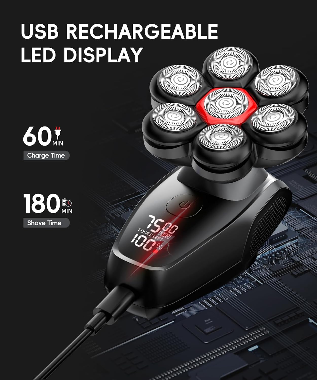 5-in-1 Men's Grooming Kit - 7D Rotary Electric Head Shaver | IPX8 Waterproof, High-Gloss Black