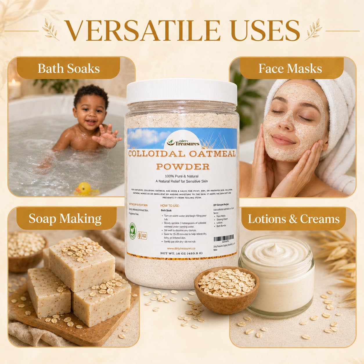Dirty Treasures Colloidal Oatmeal Bath | Eczema & Itchy Skin Relief | Baby-Safe, 100% Natural, Fragrance-Free | 1 lb (16oz)