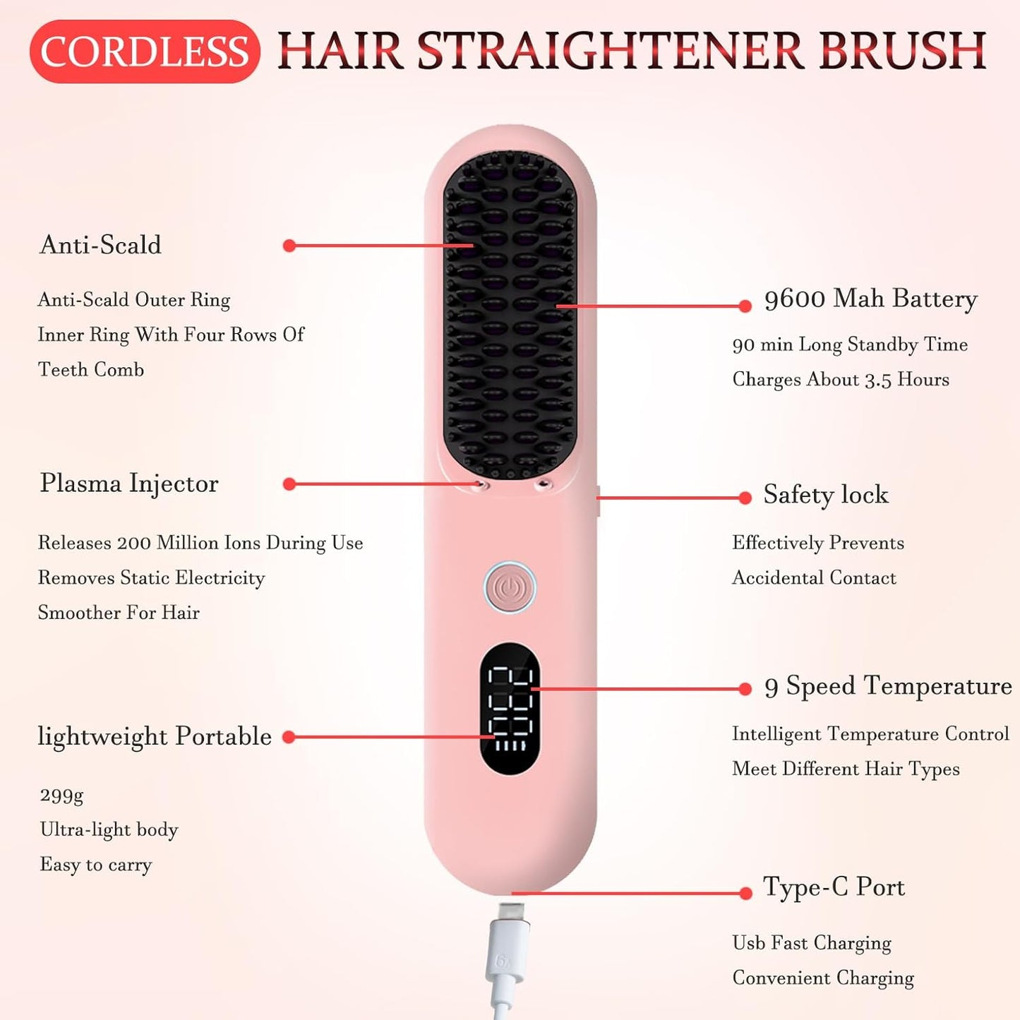 Cordless Hair Straightener Brush - Portable Styling Comb with 9600mAh Battery | 9 Temp Settings, Anti-Scald, Travel-Friendly