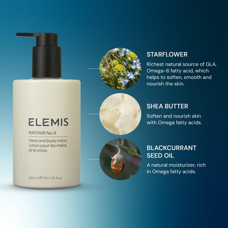 ELEMIS Mayfair No.9 Hand & Body Lotion, Lightweight Formula Hydrates, Softens, and Moisturizes Skin with Sustainable Shea Butter and Borage Oil, 300ml