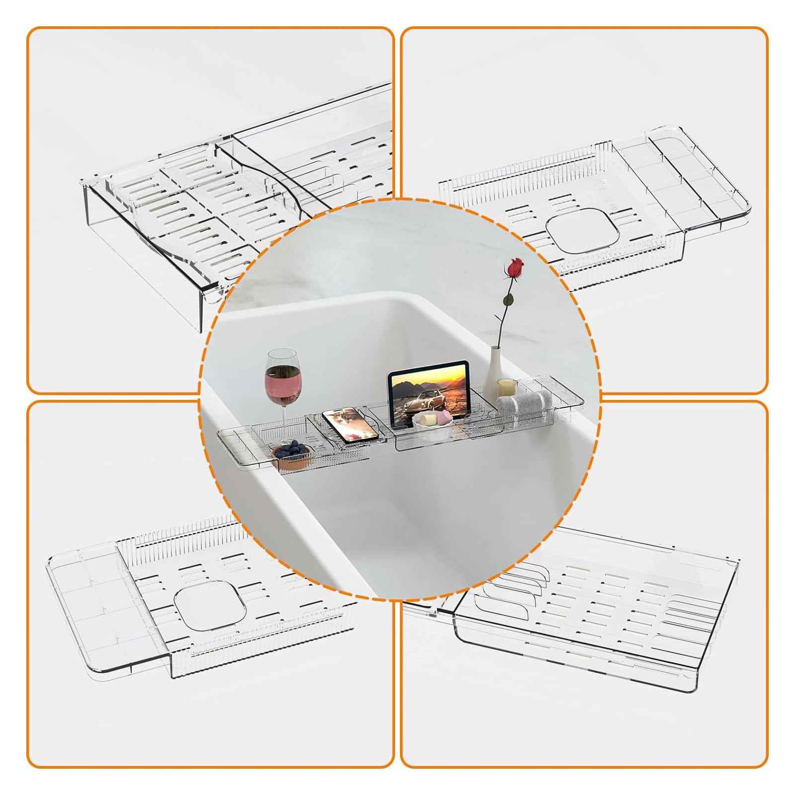 Luxury Expandable Bathtub Tray for Tub, Clear Acrylic Bath Tub Tray with Adjustable Length Up to 31.8", Bathtub Accessories for Relaxing, Bath Accessories for Women