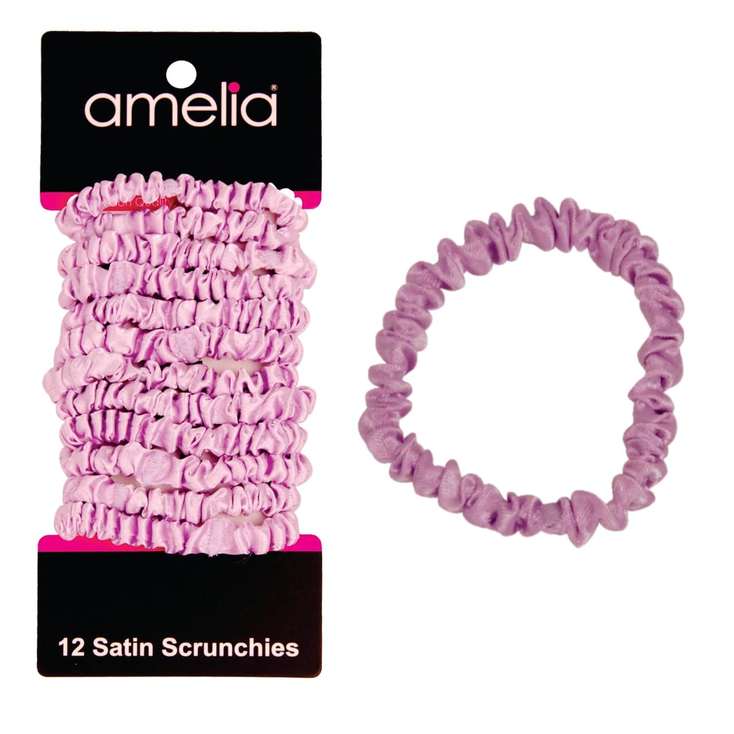 Amelia Beauty, Black, Skinny Satin Scrunchies, 12 Pack – 2in Diameter, Gentle & Strong Hold, No-Snag, No-Dent, Crease-Free Hair Ties