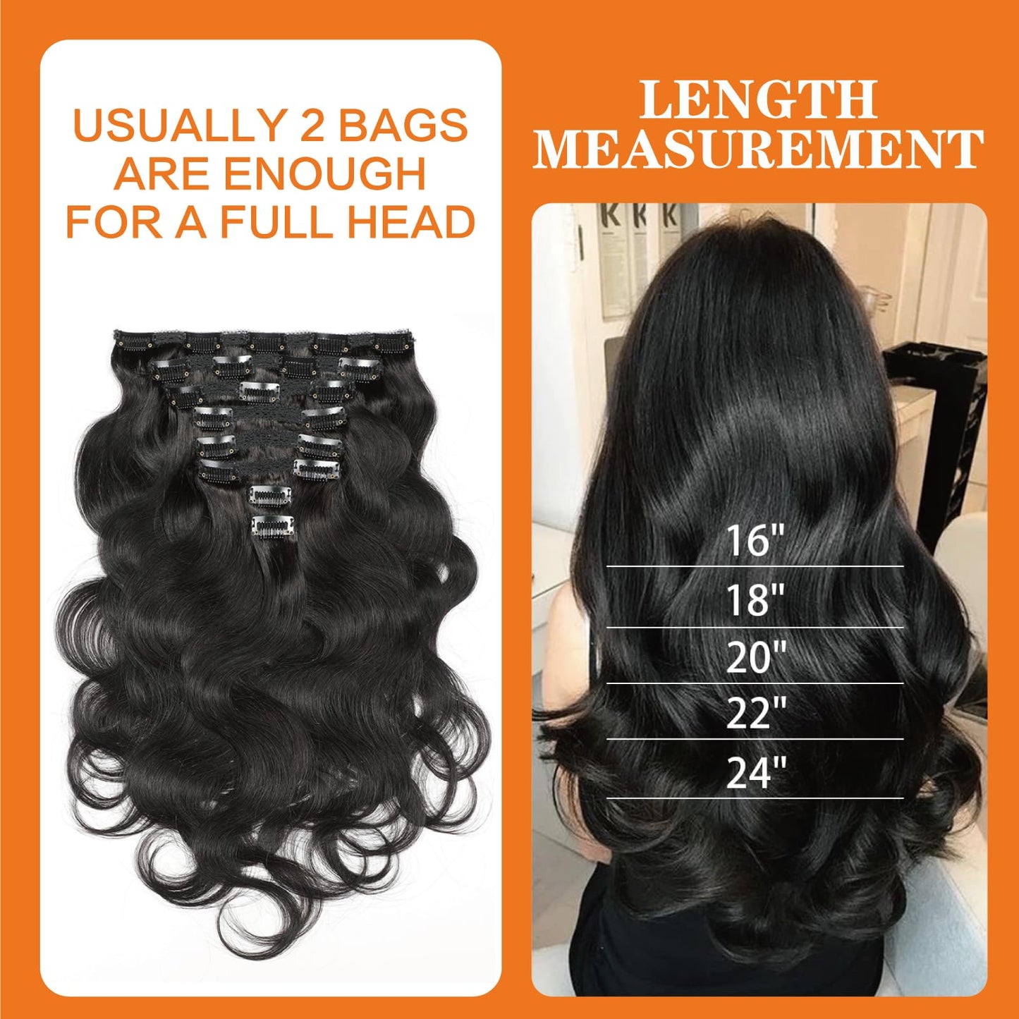 Yacurcur Body Wave Clip Ins Human Hair 8Pcs/Set 120 Gram Body Wave Clip in Hair Extensions 10A Brazilian Virgin Human Hair for Black Women Natural Black Color 18 Inch